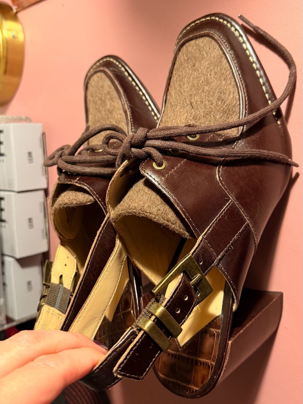 ANTONIO MELANI Brown Leather Lace-Up Slingback Mules with Gold Buckles